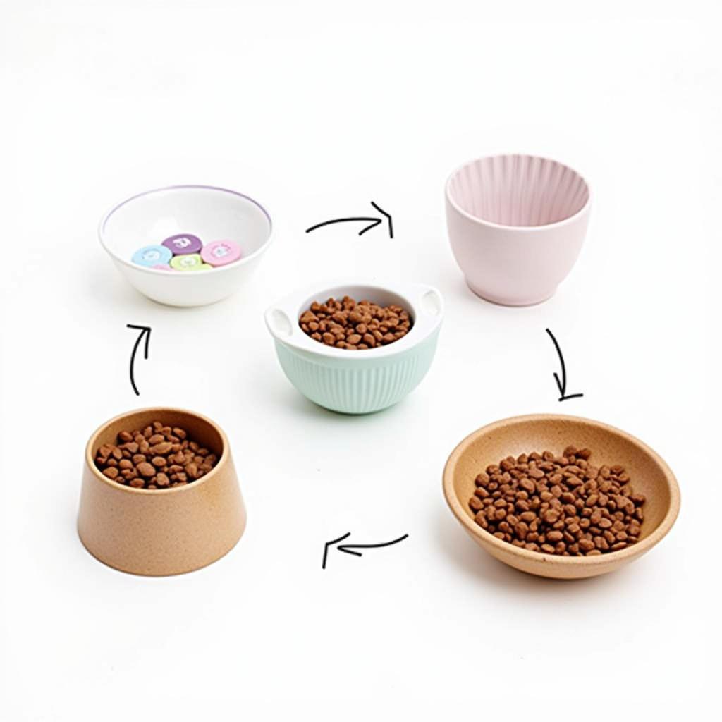 Different dog food cup materials including stainless steel and plastic.