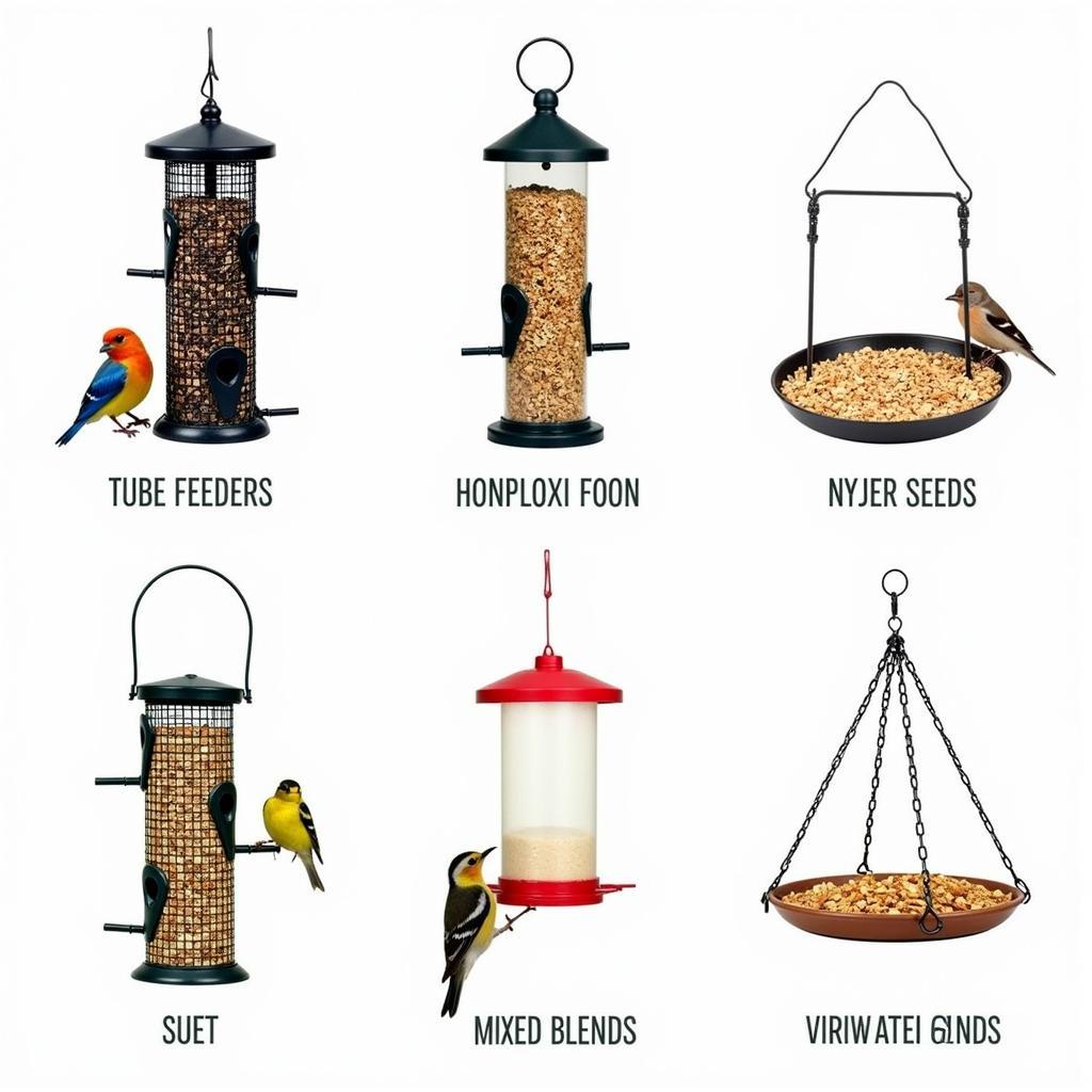 An assortment of bird feeders filled with different types of birdseed, catering to the diverse dietary needs of various bird species.