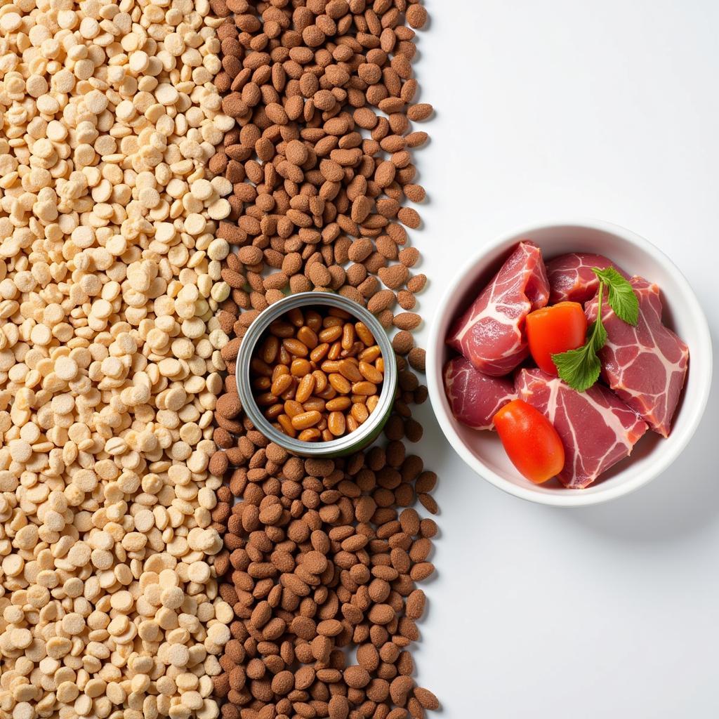 Various Dog Food Options: Kibble, Wet Food, and Raw Ingredients