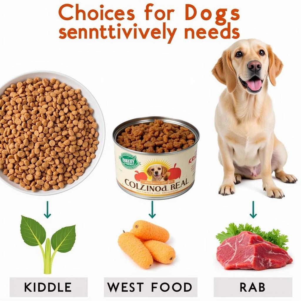 Variety of dog food forms: kibble, wet, and raw