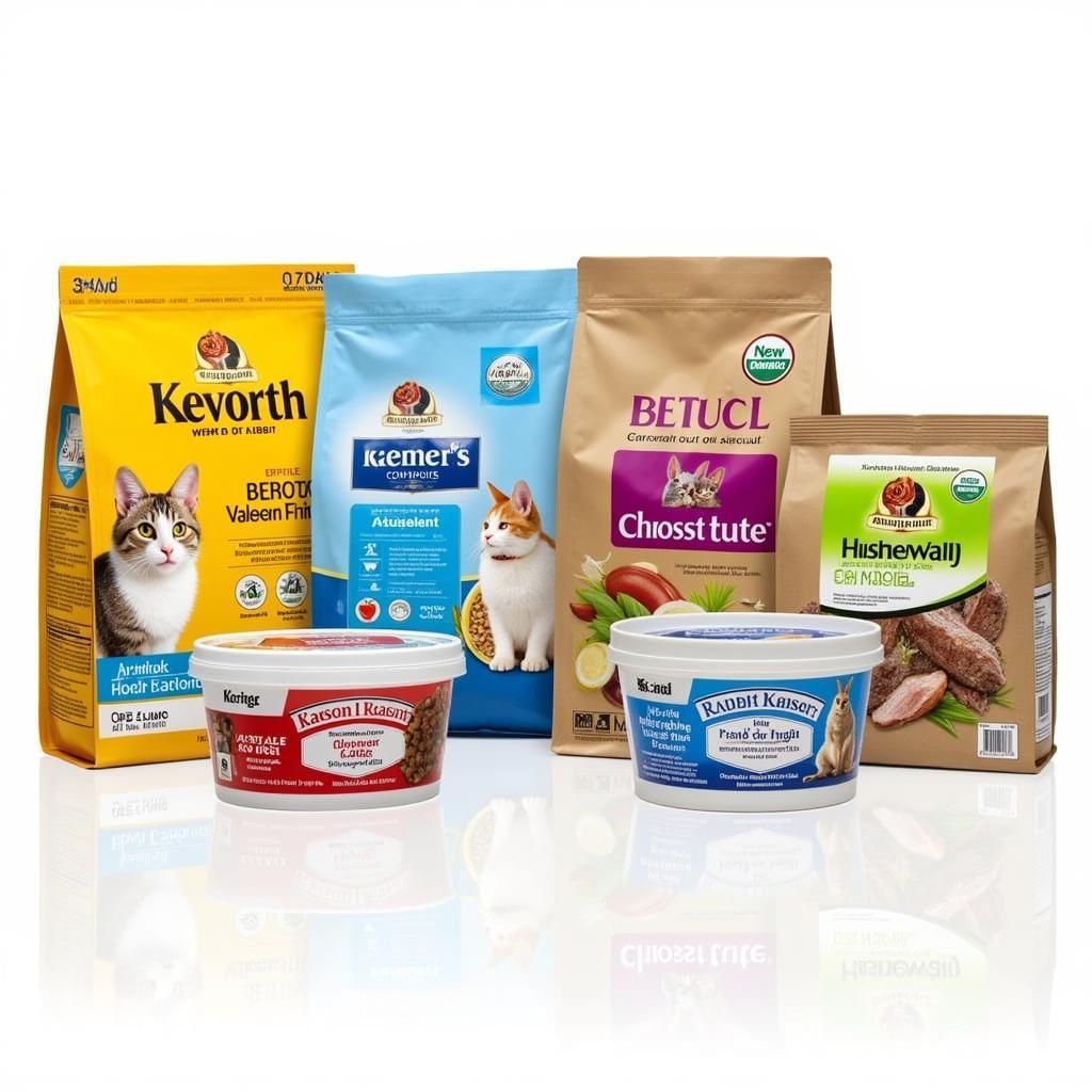 Various brands and types of dry cat food containing rabbit