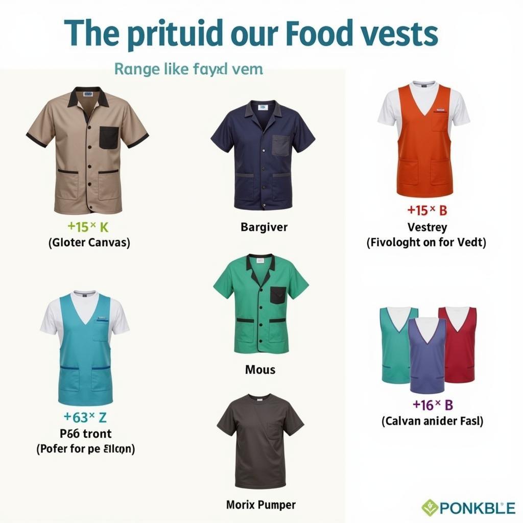 Various food vests designed for different culinary professionals, showcasing different pocket configurations and materials