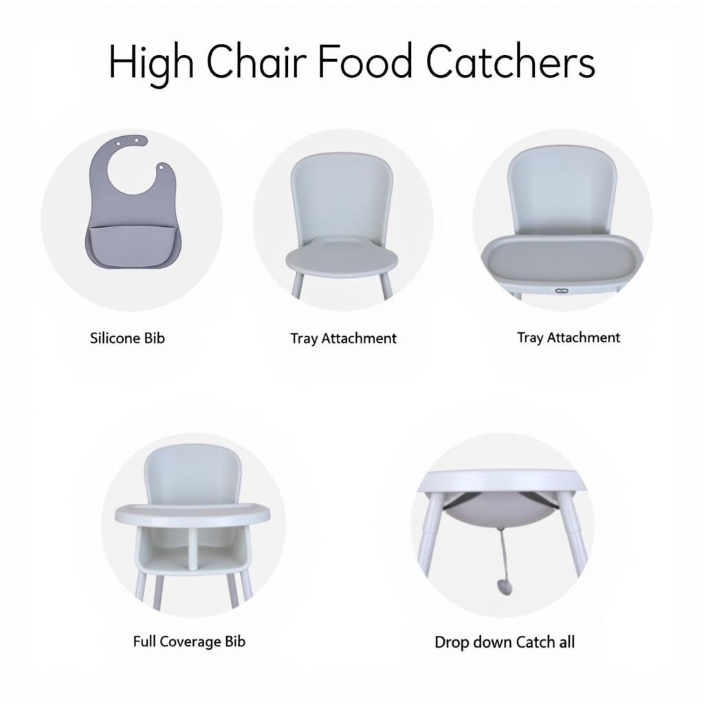 Variety of food catchers displayed: silicone bibs, tray attachments, full-coverage bibs, drop-down catch-alls