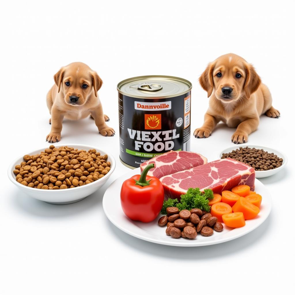 Variety of puppy food options including kibble, wet food, and raw ingredients.