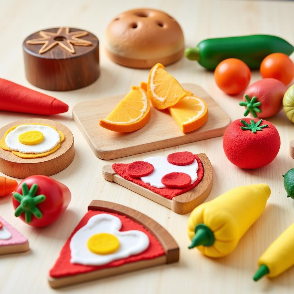 A variety of play food types displayed on a table, showcasing different materials, styles, and food items.