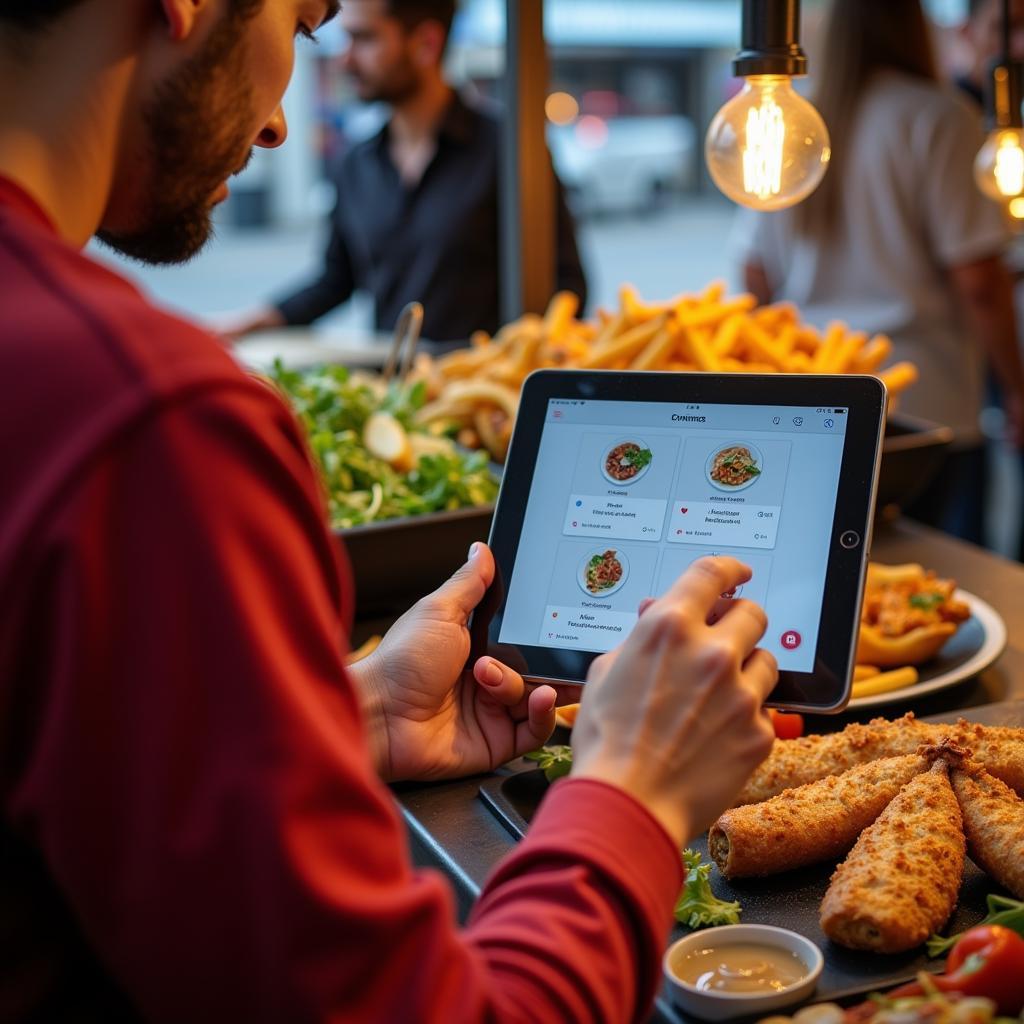 Street food vendor using a tablet for online orders.