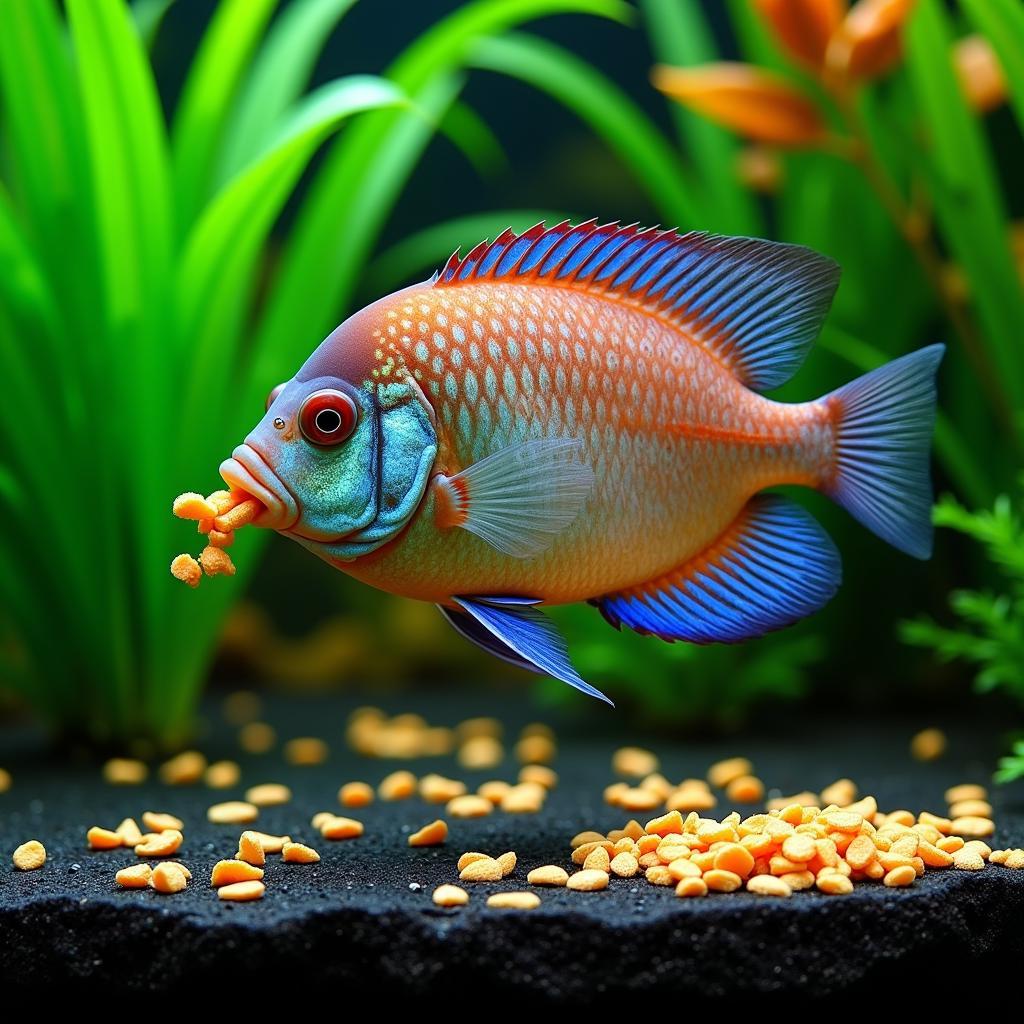 Discus fish consuming flake food in a planted aquarium