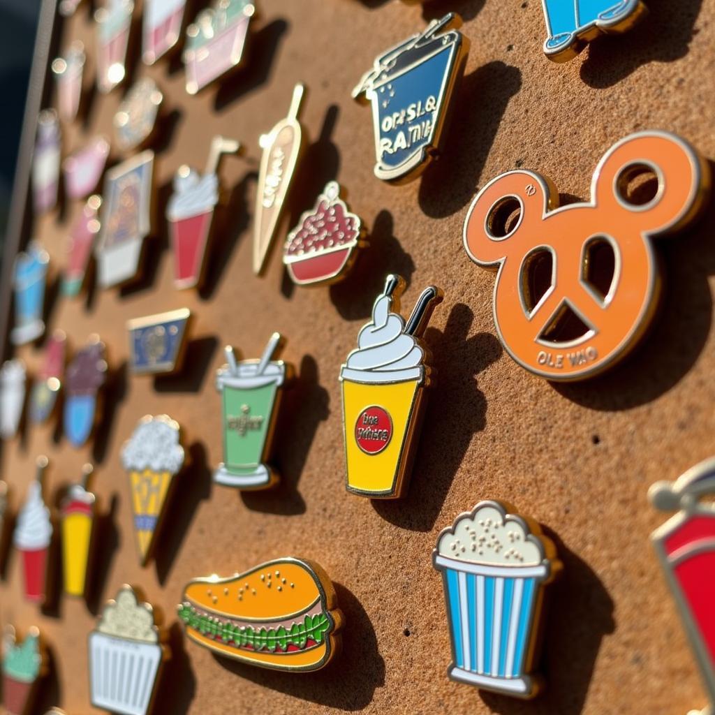 Various Disney food pins arranged on a board.