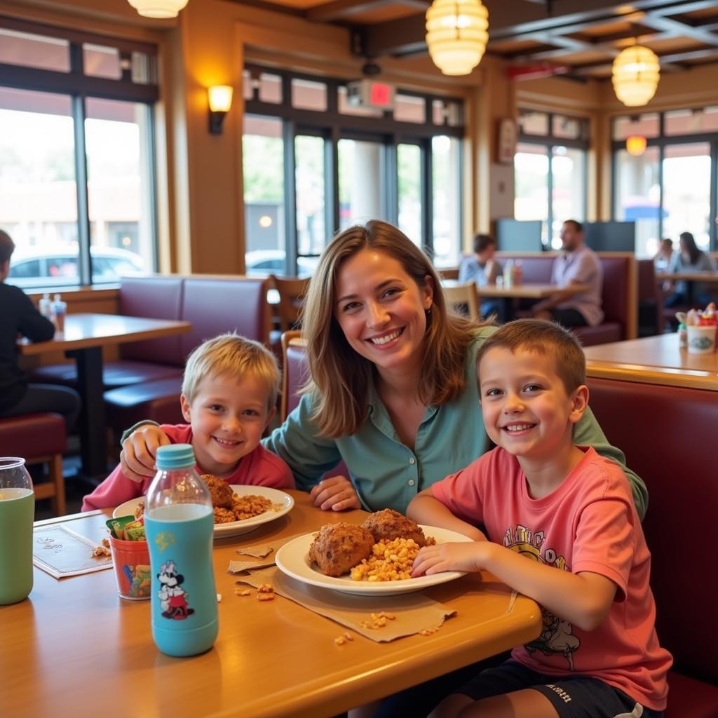 Family enjoying a quick-service meal at Disney World