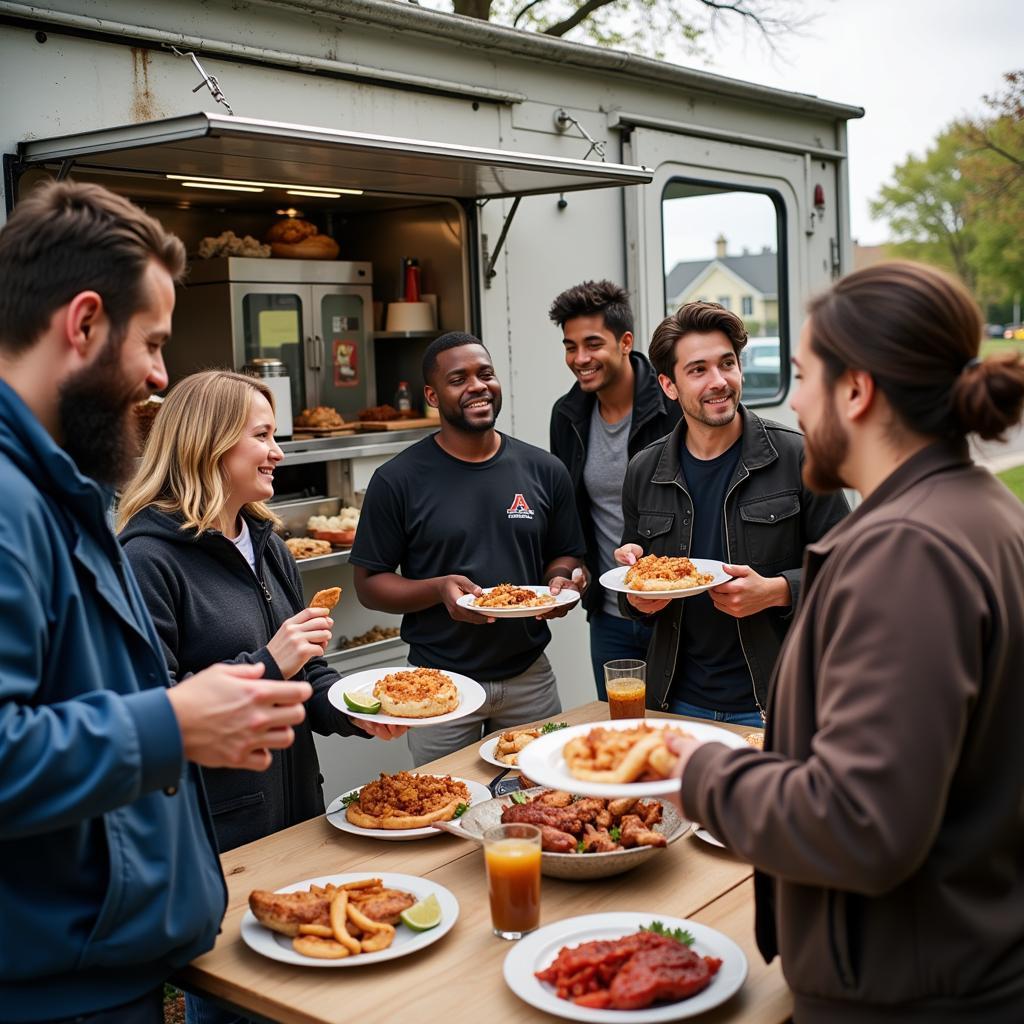 Diverse Customers Enjoying Food Truck Meals