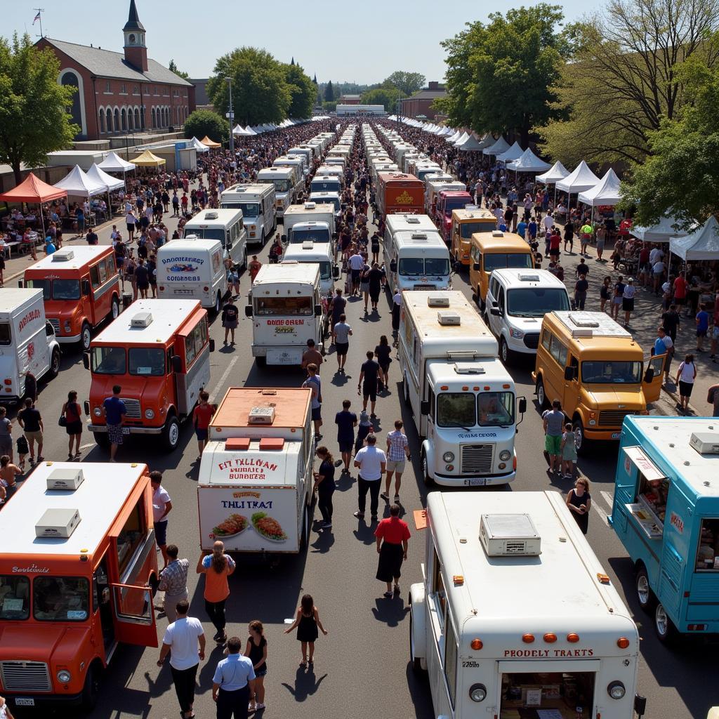 A variety of food trucks offering different cuisines.