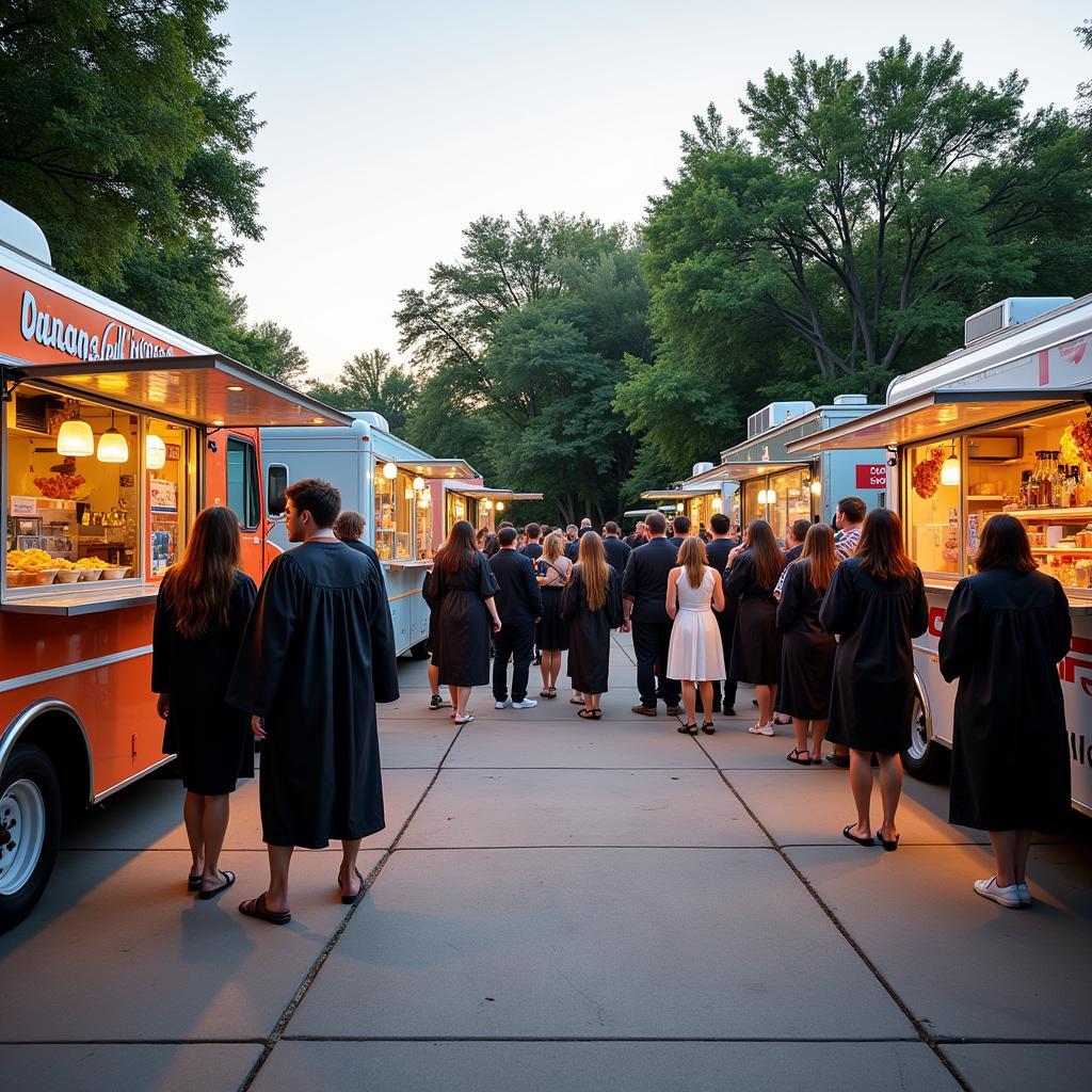 Various food trucks serving at a graduation party, offering diverse cuisines.