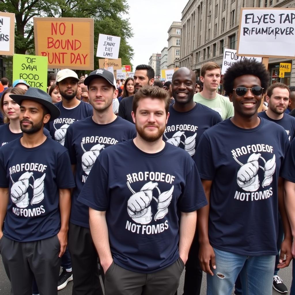 A diverse group of people wearing Food Not Bombs t-shirts at a protest