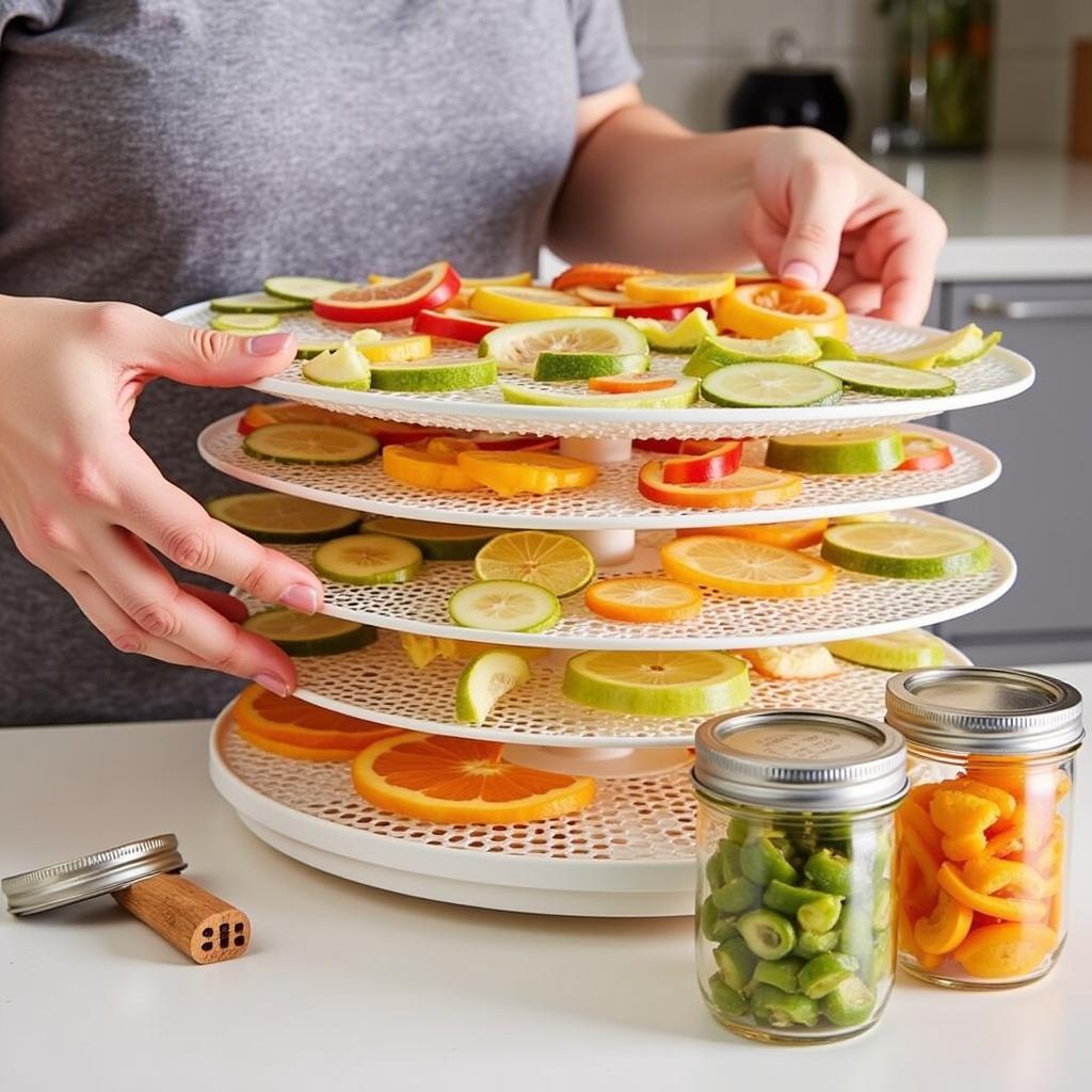 A person using a food dehydrator to dry slices of fruits and vegetables for camping meals.