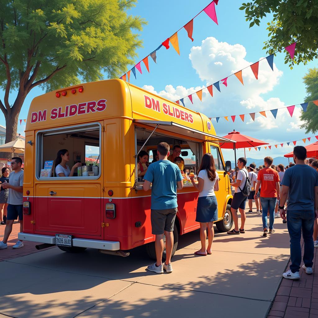 DM sliders food truck parked at a bustling outdoor food festival with a long line of eager customers.