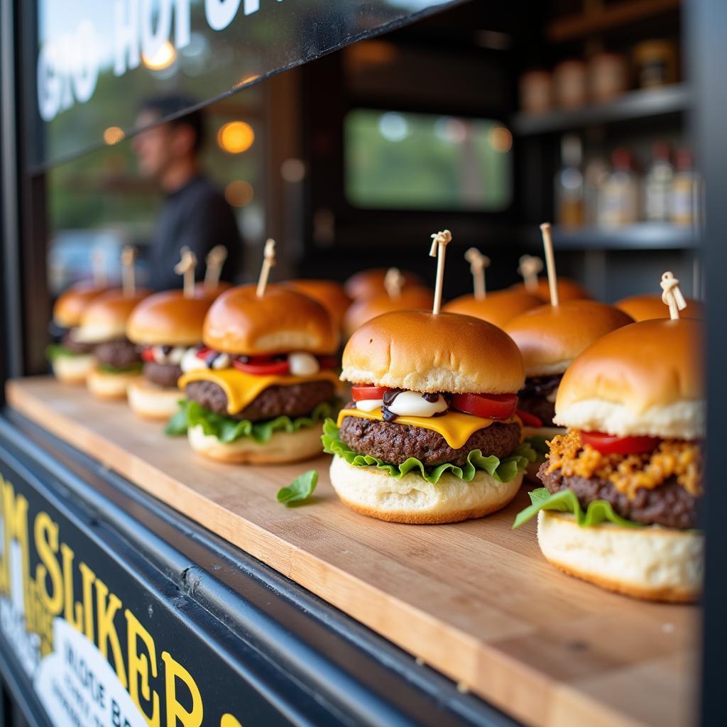 A vibrant display of various sliders from a DM sliders food truck, showcasing a range of toppings and fillings.