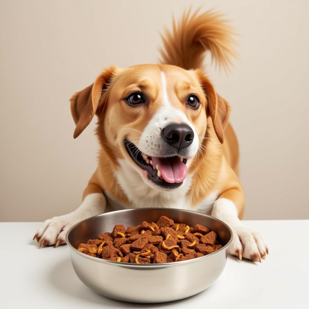 Happy dog enjoying a bowl of air-dried food