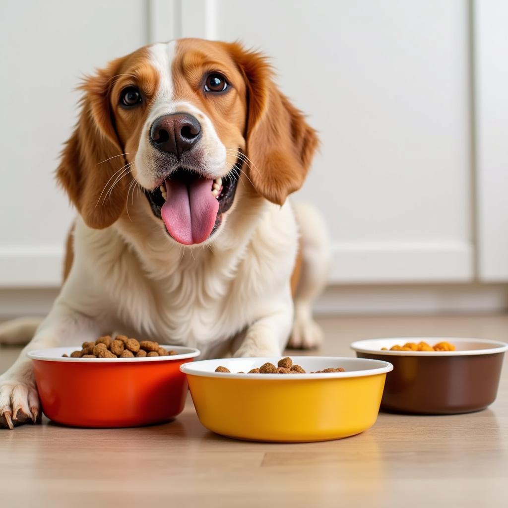 Dog eating different flavors of dog food