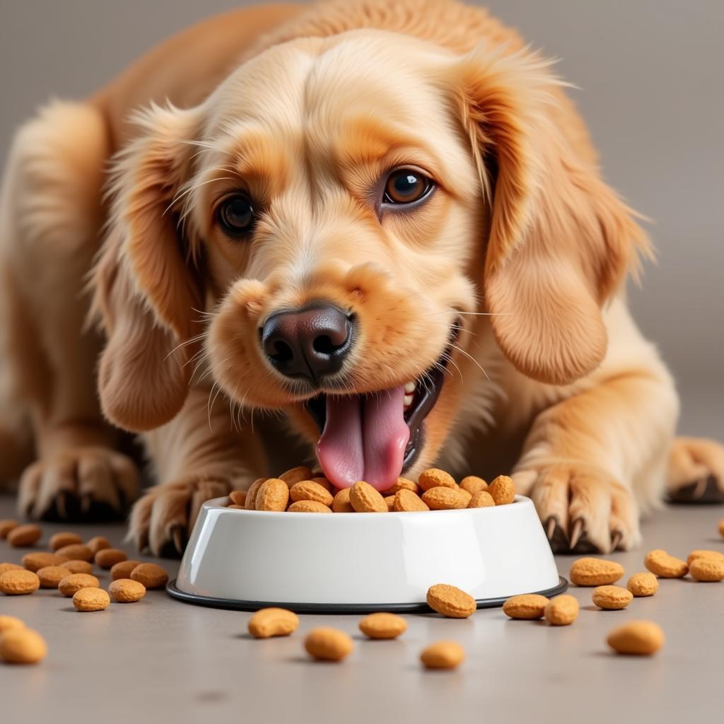 A happy dog enjoying a bowl of dry dog food with chicken.