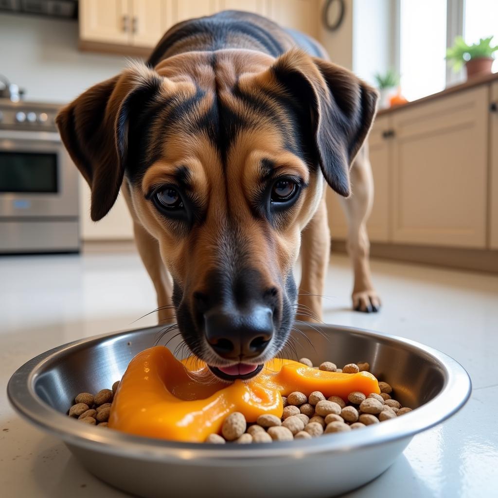 A happy dog enjoying a bowl of dry dog food topped with pumpkin puree.