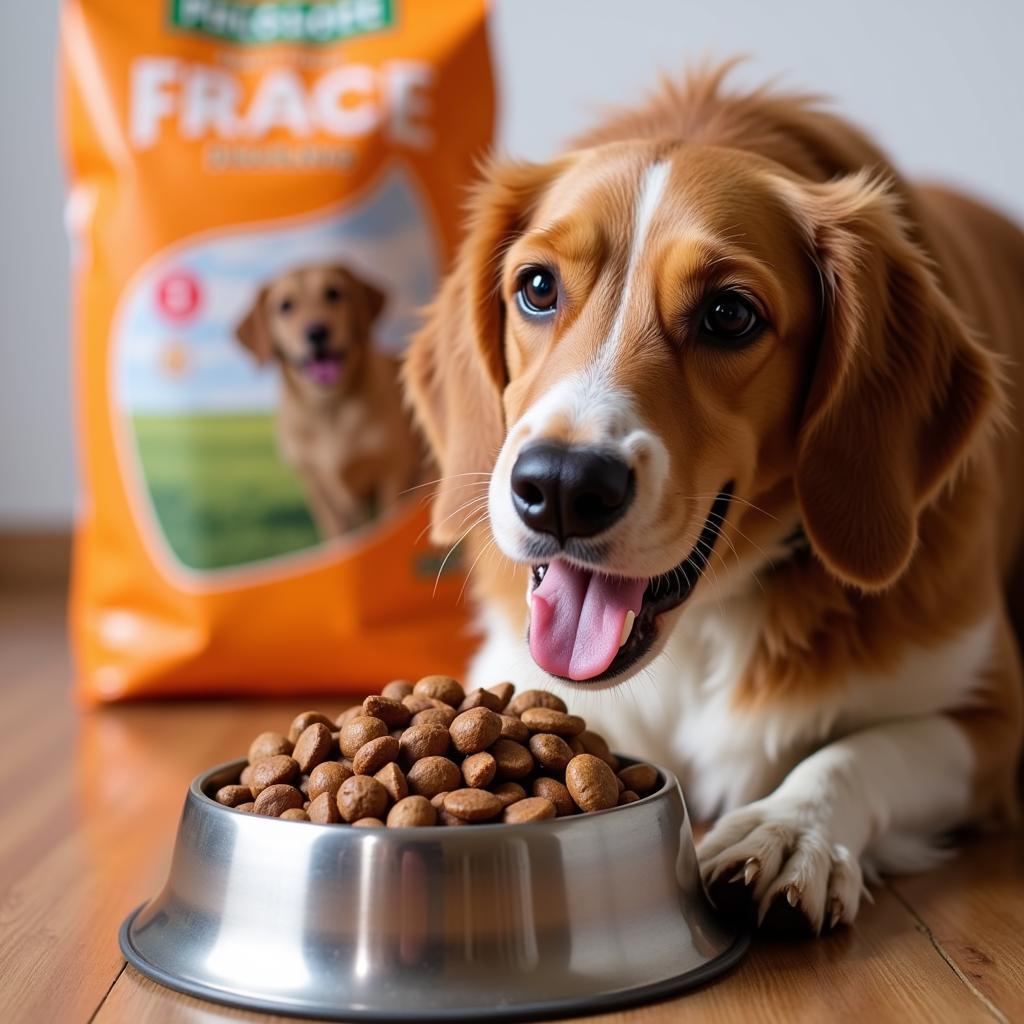 Dog Eating from Bowl Filled with 50 lb Bag Food