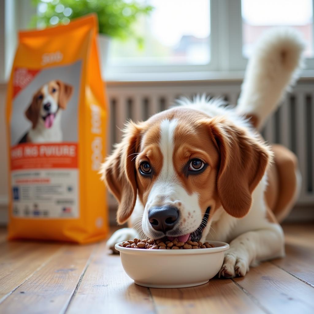 Dog Enjoying a Meal with 50lb Bag in the Background