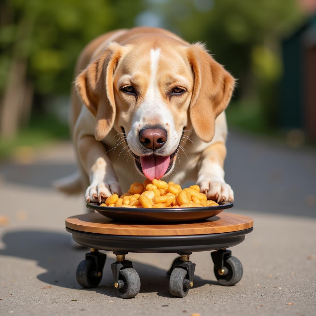 Dog Eating from Bowl on a Food Serving Cart