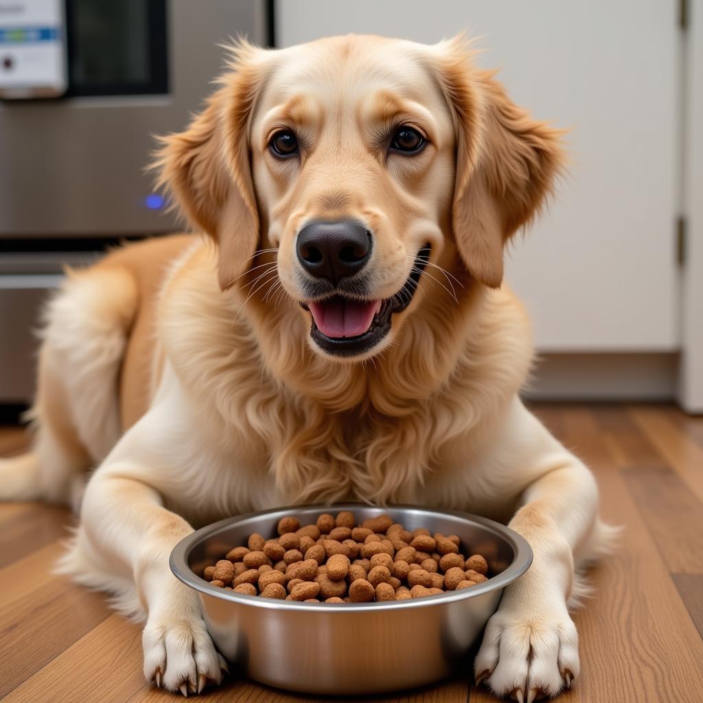 Dog Eating from a Bowl Mixed with Sample Food