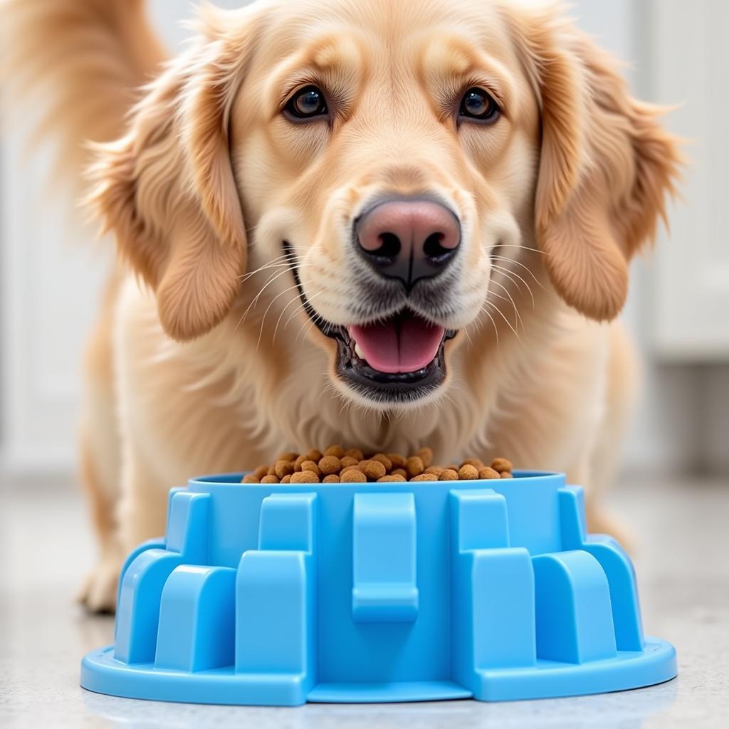 Dog enjoying a meal from a maze food bowl