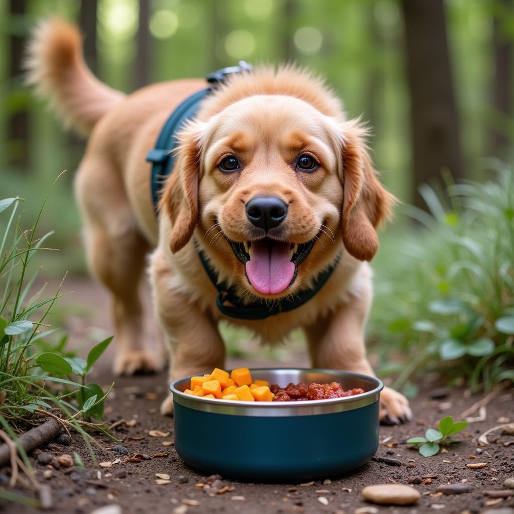 Happy Dog Enjoying Meal from a Travel Container