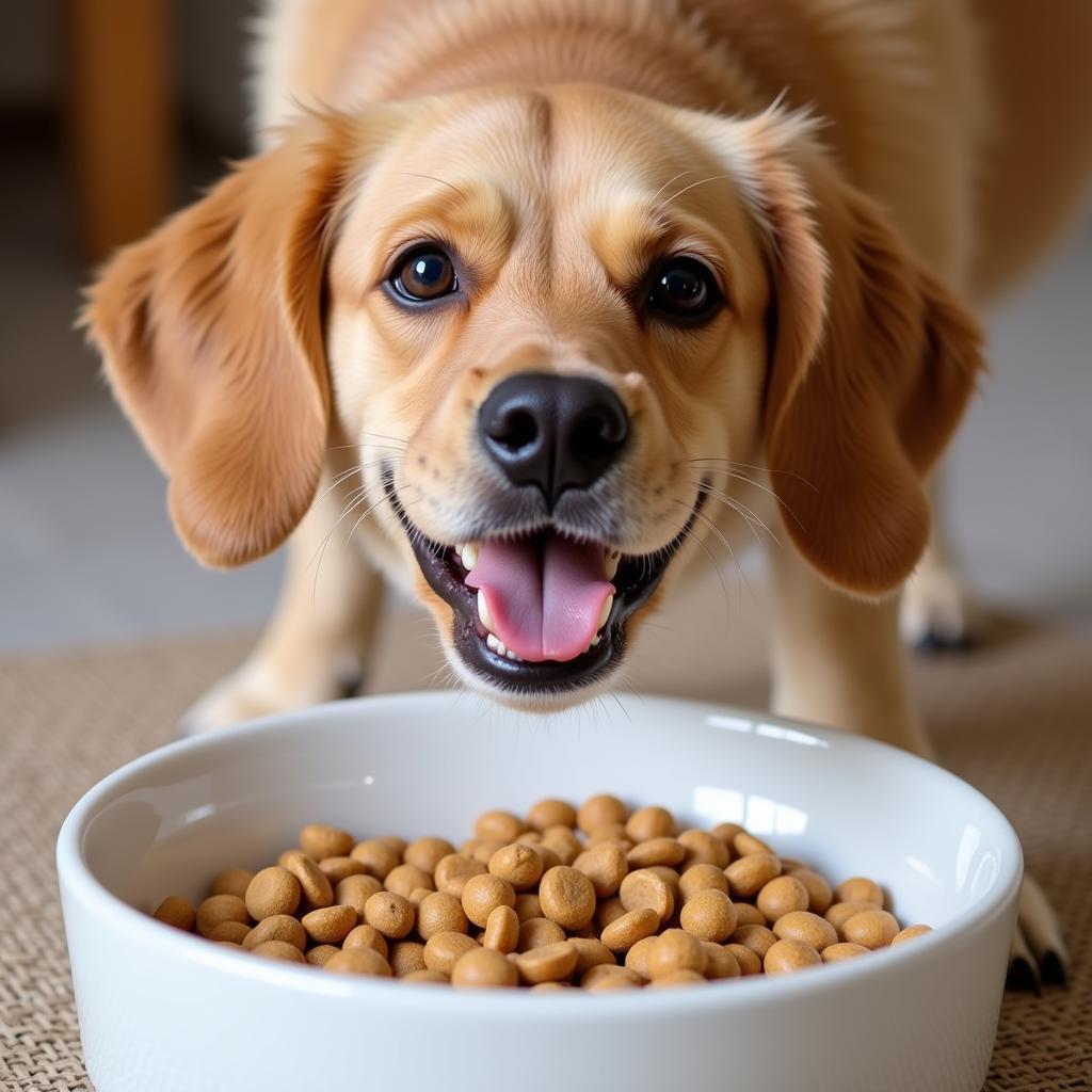 Dog enjoying a bowl of healthy Optum kibble