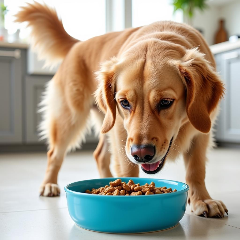 A happy dog eating holistic dog food from a bowl