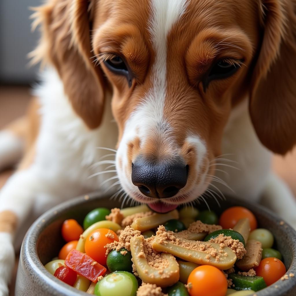 Dog Eating Homemade Food with Supplement Powder