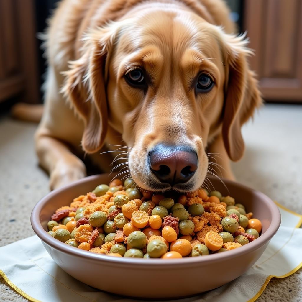 A happy dog enjoying a bowl of homemade food supplemented with essential vitamins.