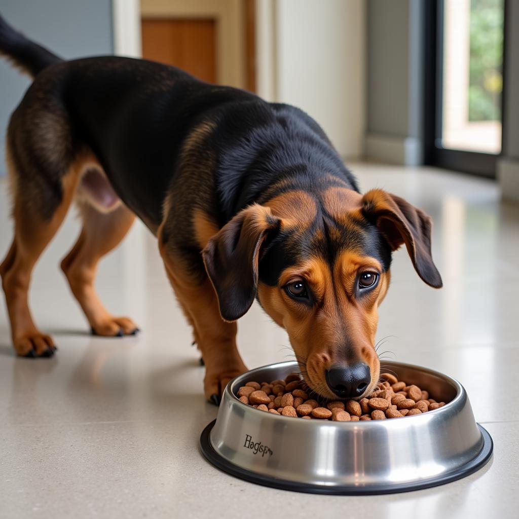 Happy dog eating kangaroo based dog food