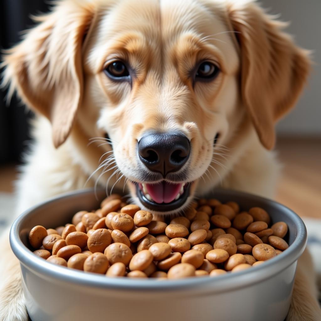 Dog Enjoying Kibble from a Bowl