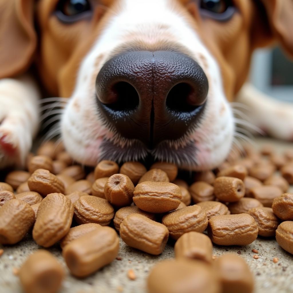 Close-up of a dog eating lamb and lentil kibble