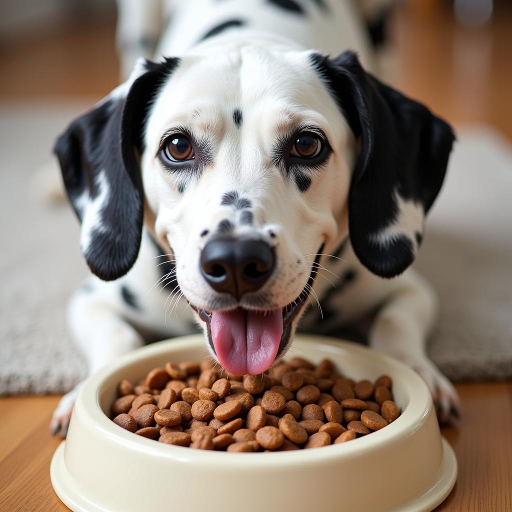 A dog enjoying low purine kibble