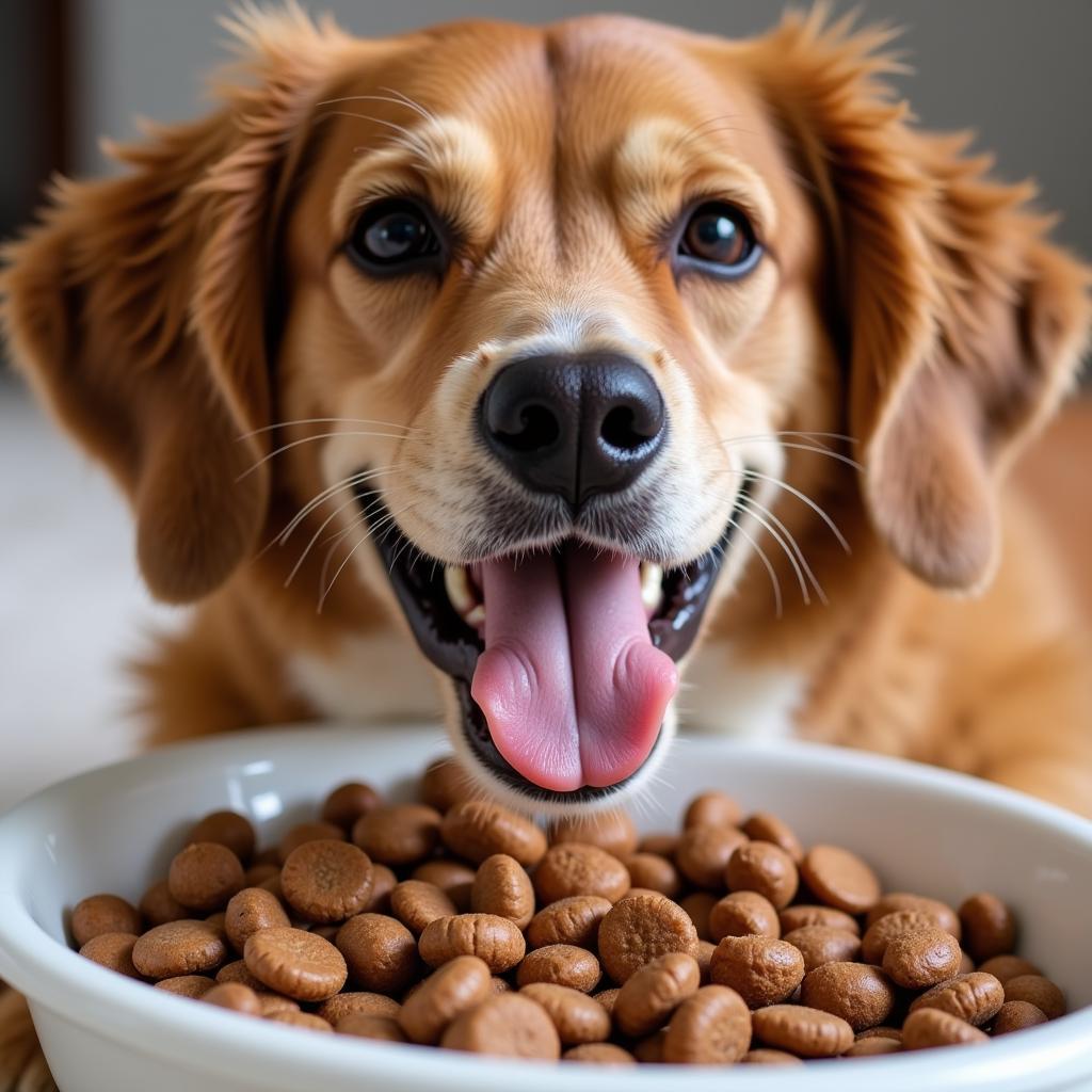 Dog Enjoying Kibble Enriched with Organ Meat