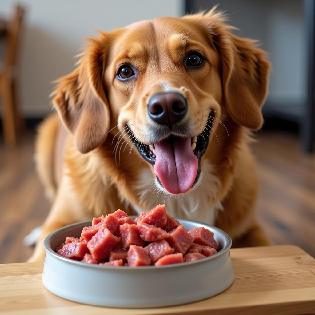 Dog Enjoying a Raw Food Meal