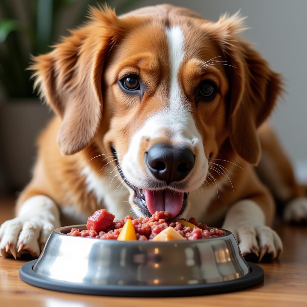 Dog Enjoying Raw Food From a Bowl