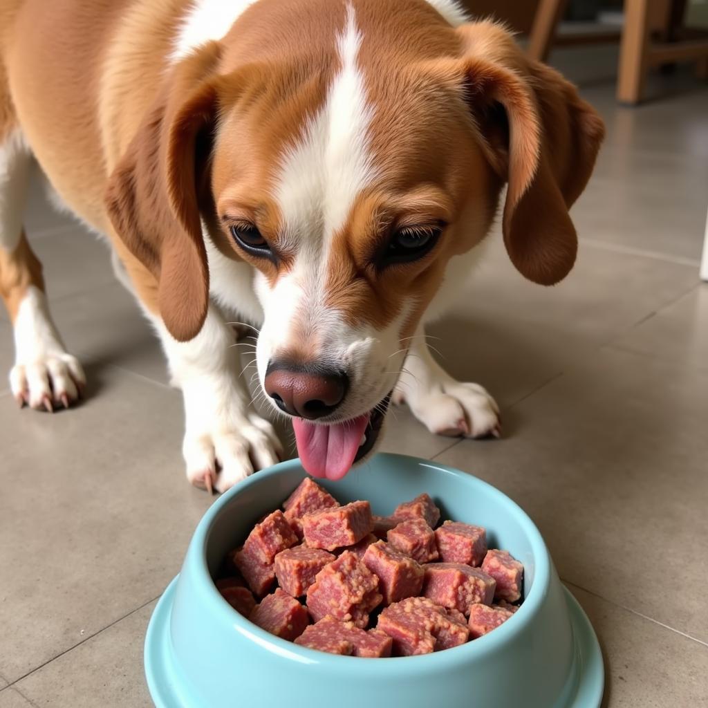 Dog eating raw food with supplement added.