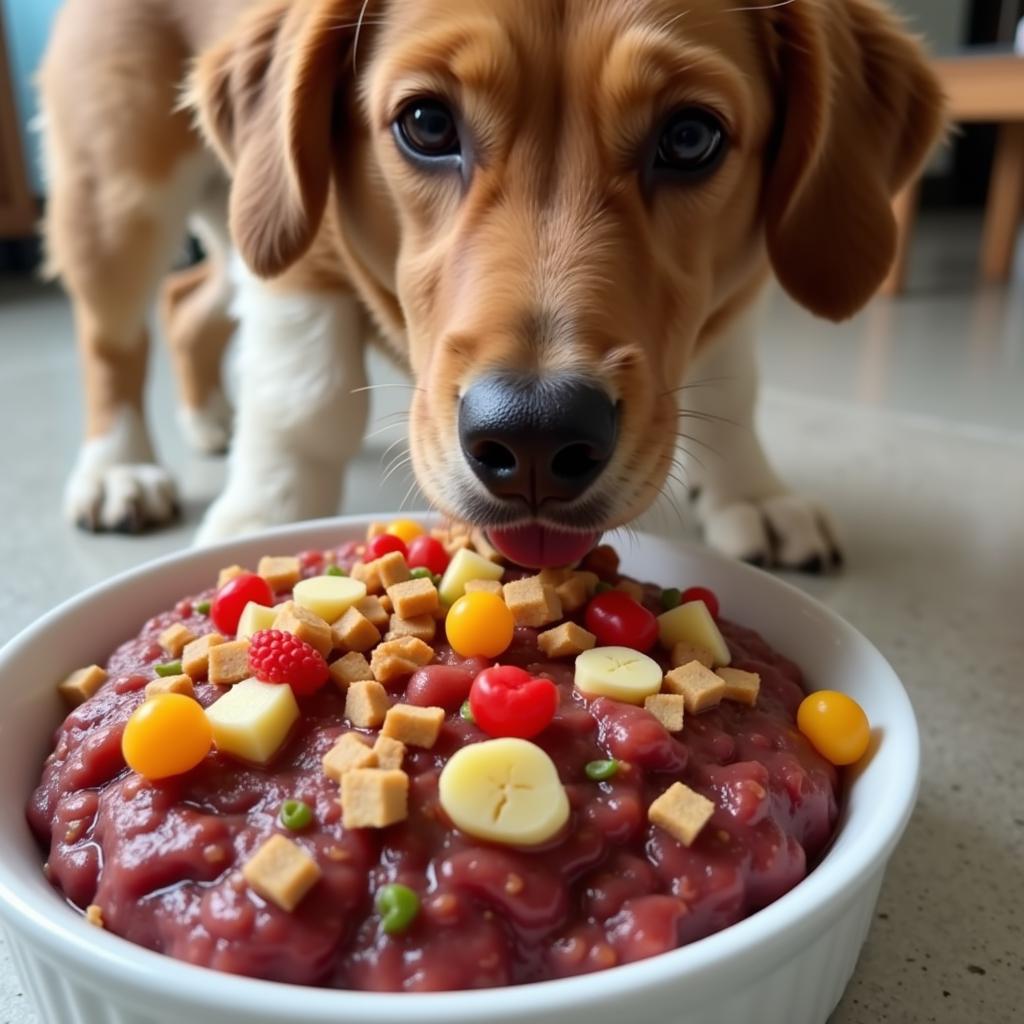 Dog enjoying a meal of raw food with a healthy topper.