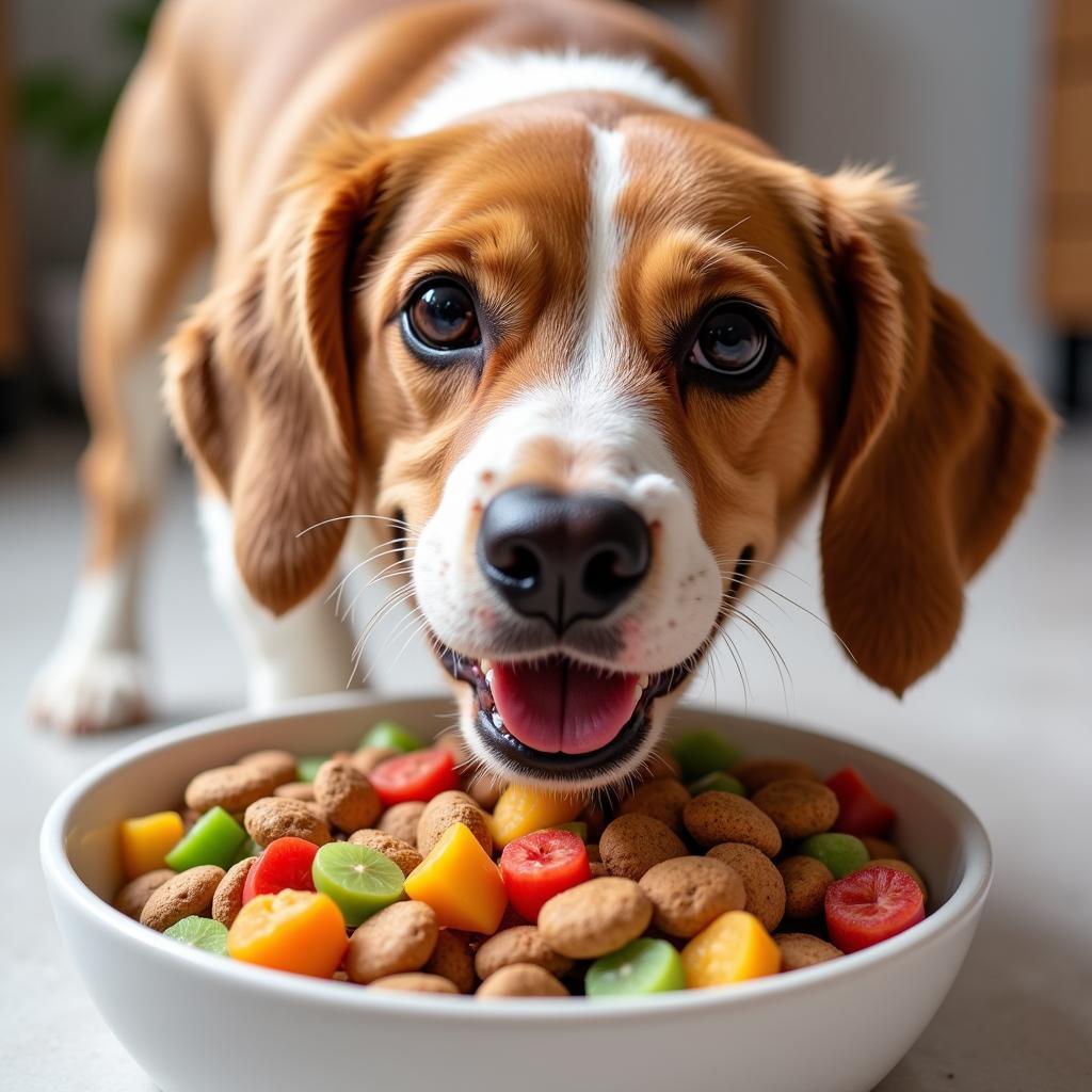 Dog enjoying superfood complete dog food