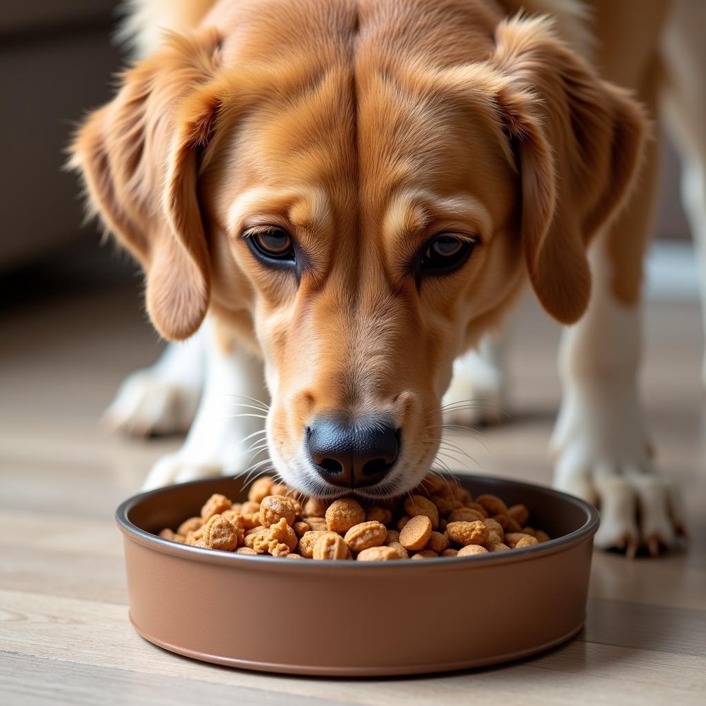 A happy dog enjoying a bowl of nutritious weight gain food.