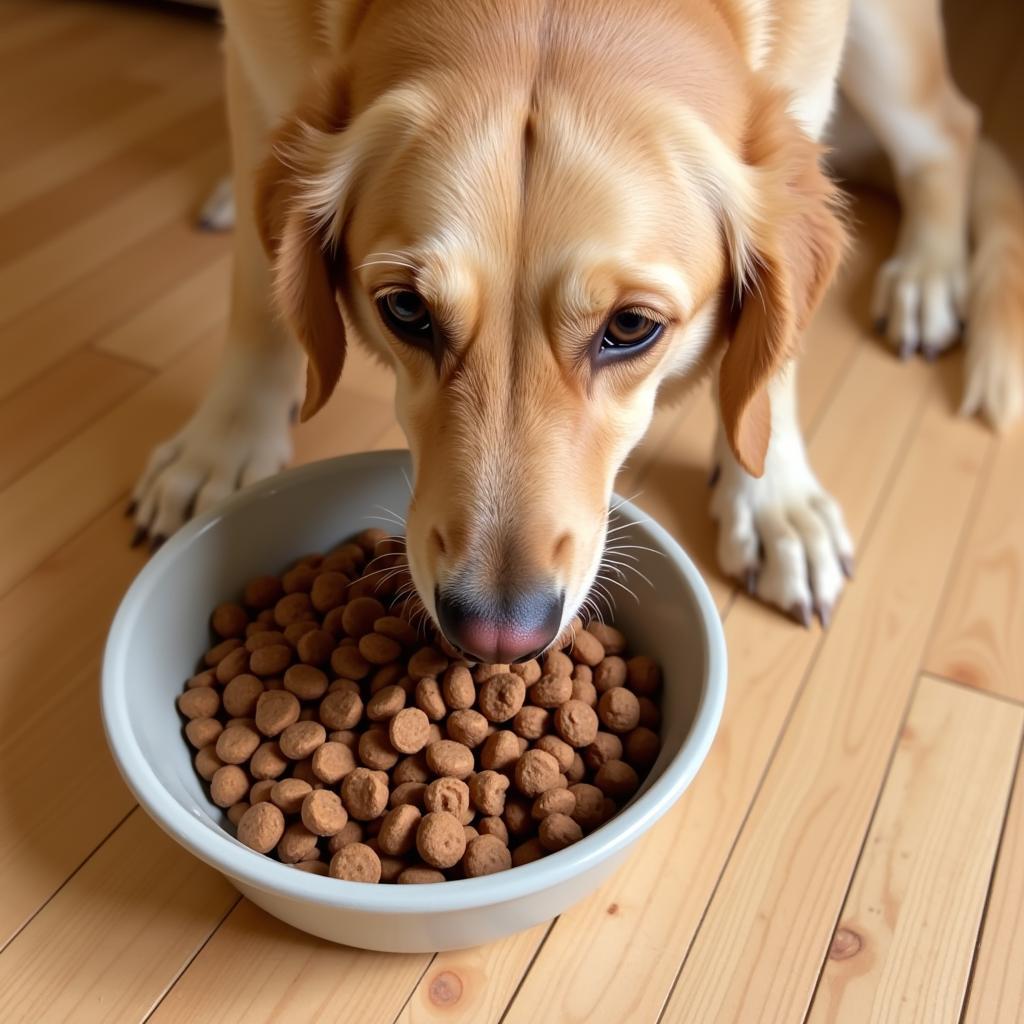 A happy dog enjoying a bowl of duck-based dog food