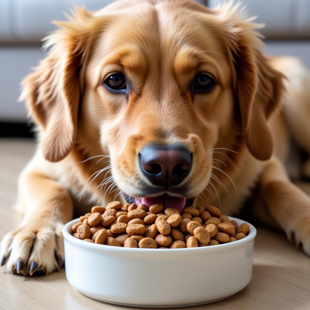 Happy Dog Eating Fish-Based Kibble