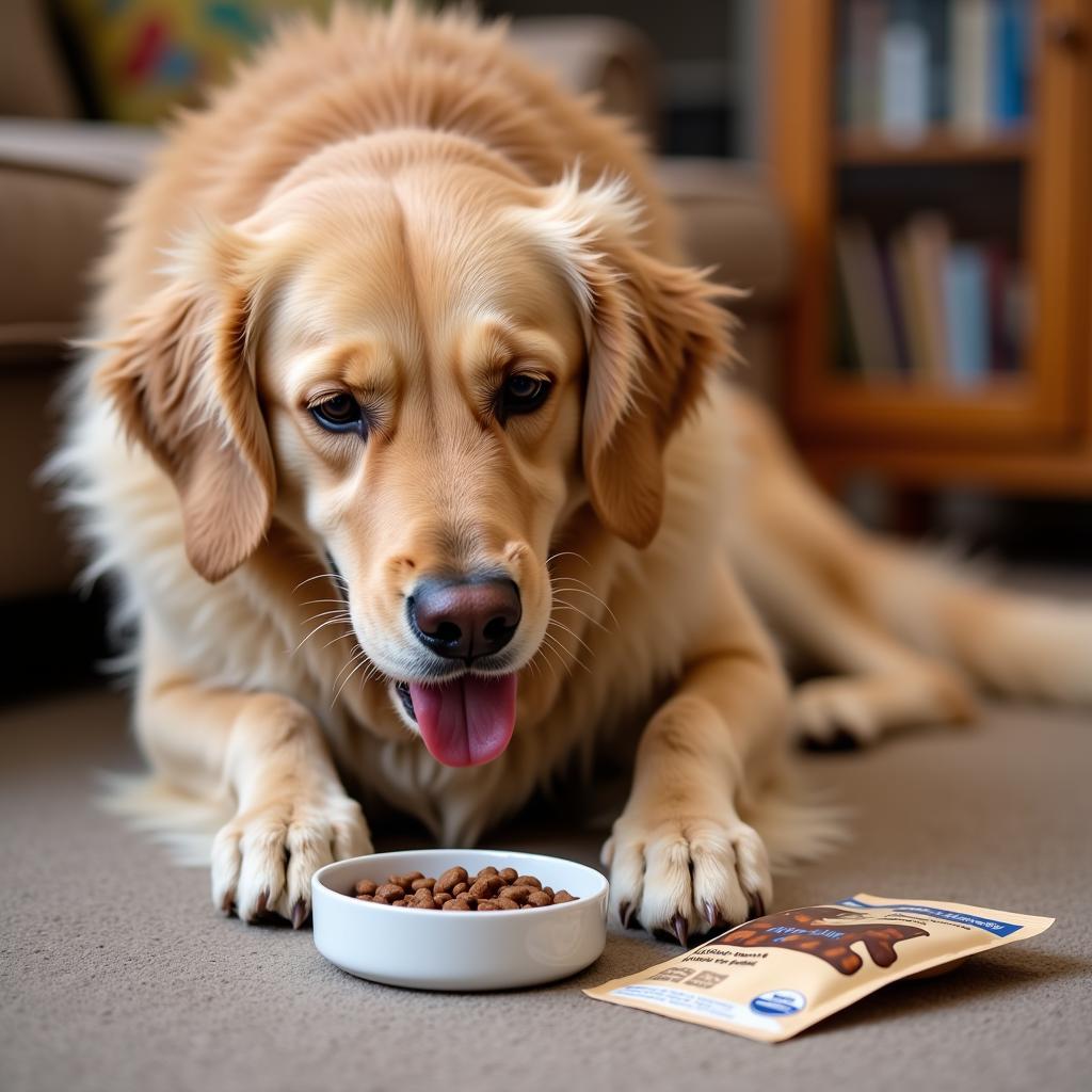 A happy dog eating a free sample of dog food