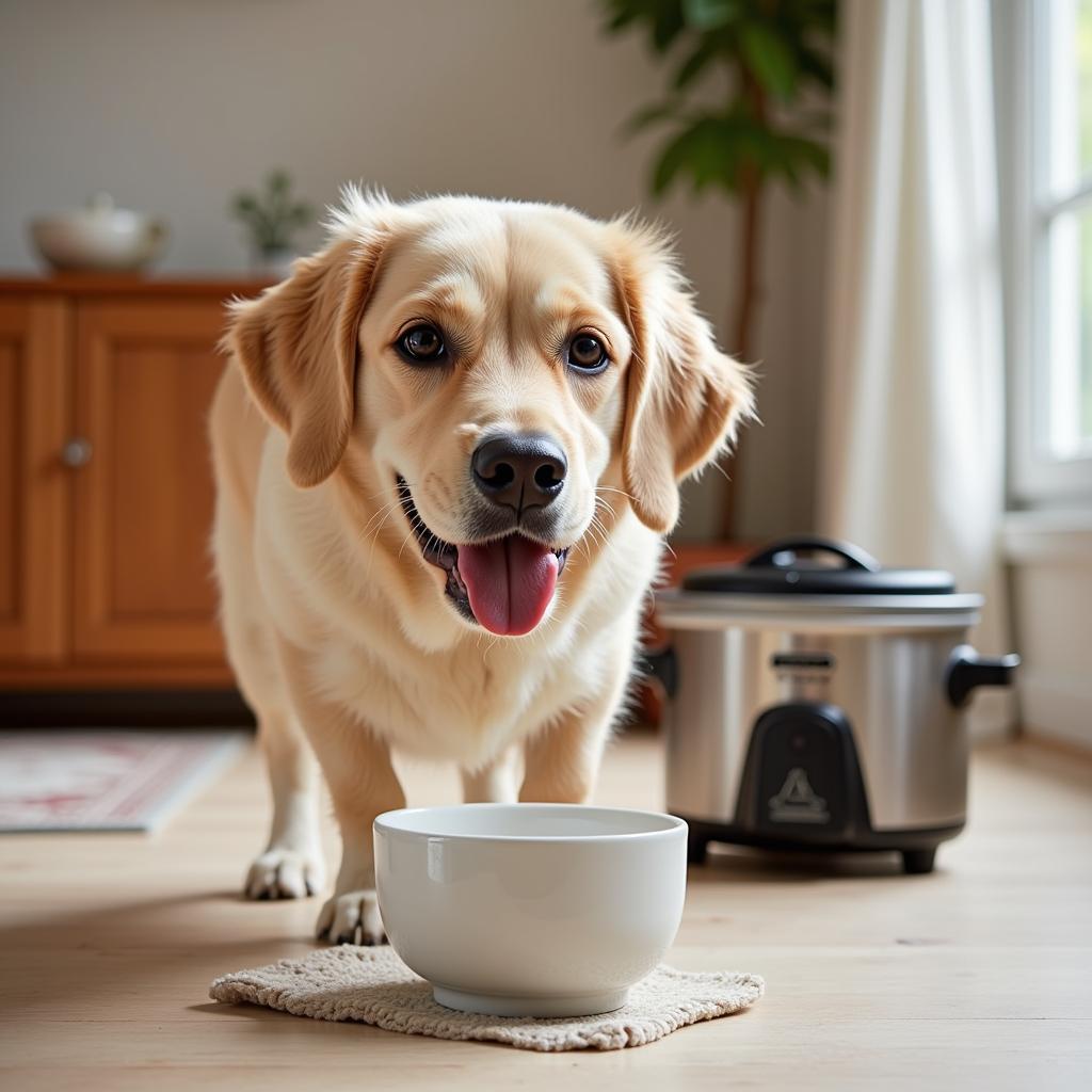 A Happy Dog Enjoying a Freshly Cooked Meal from a Dog Food Cooker