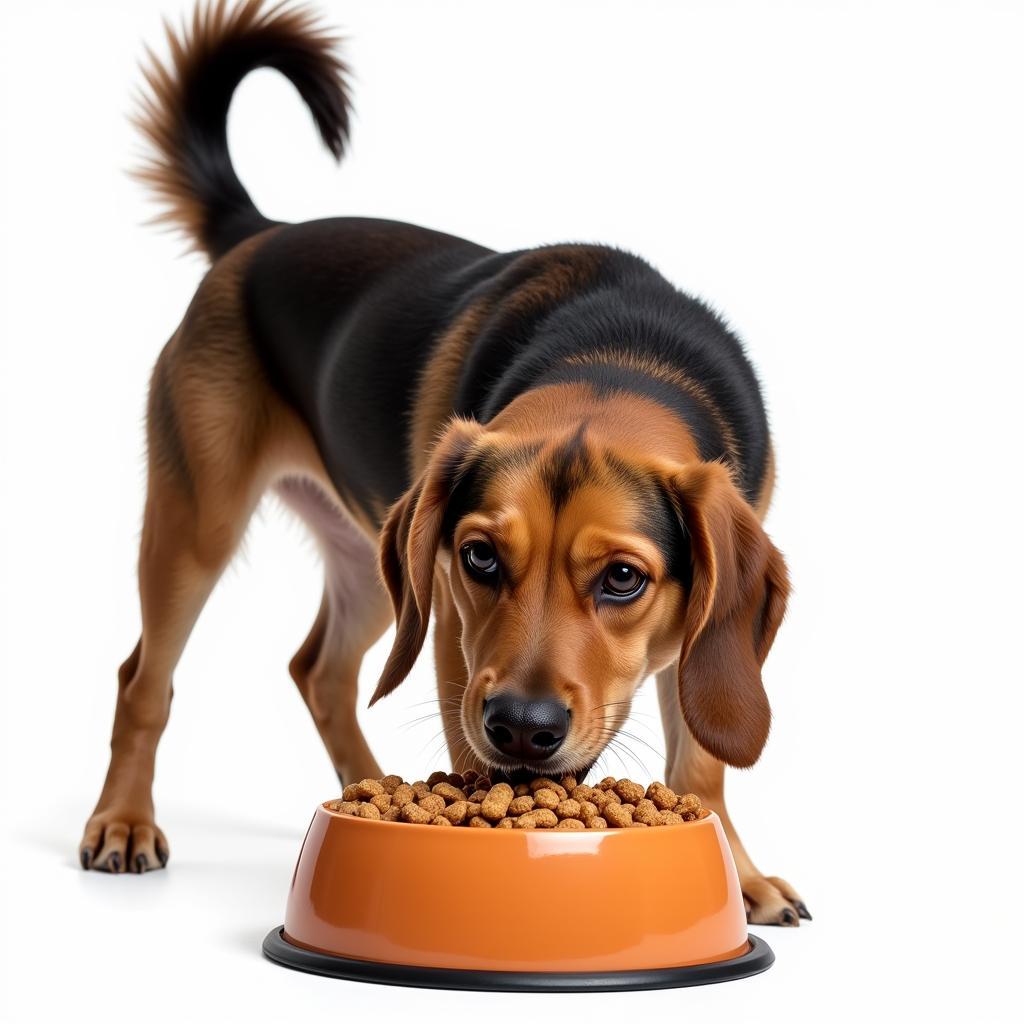 A happy dog eating kibble with a dog food topper.